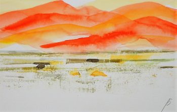 tableau aquarelle de paysage dunaire du désert sud marocain réalisé sur papier aquarelle et présenté sous passe partout en contre collé blanc cassé. La tonalité dominante est orangée.